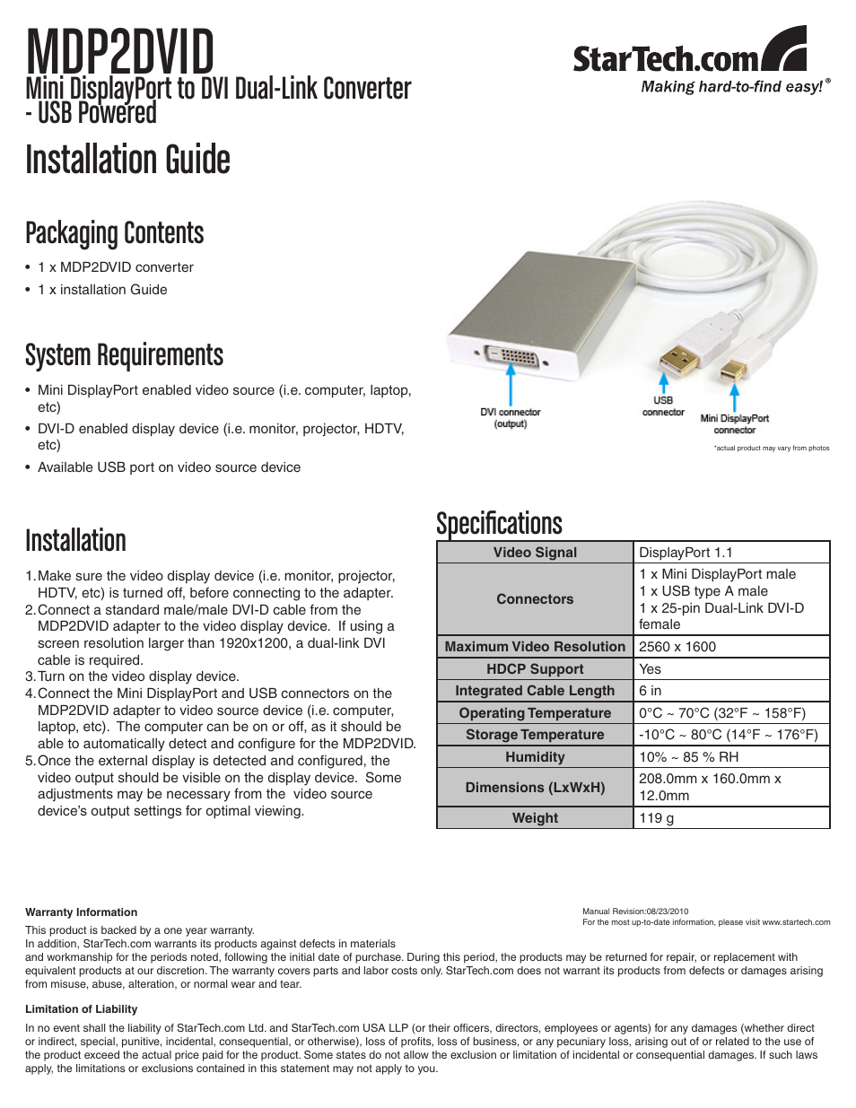 StarTech.com MDP2DVID User Manual | 1 page