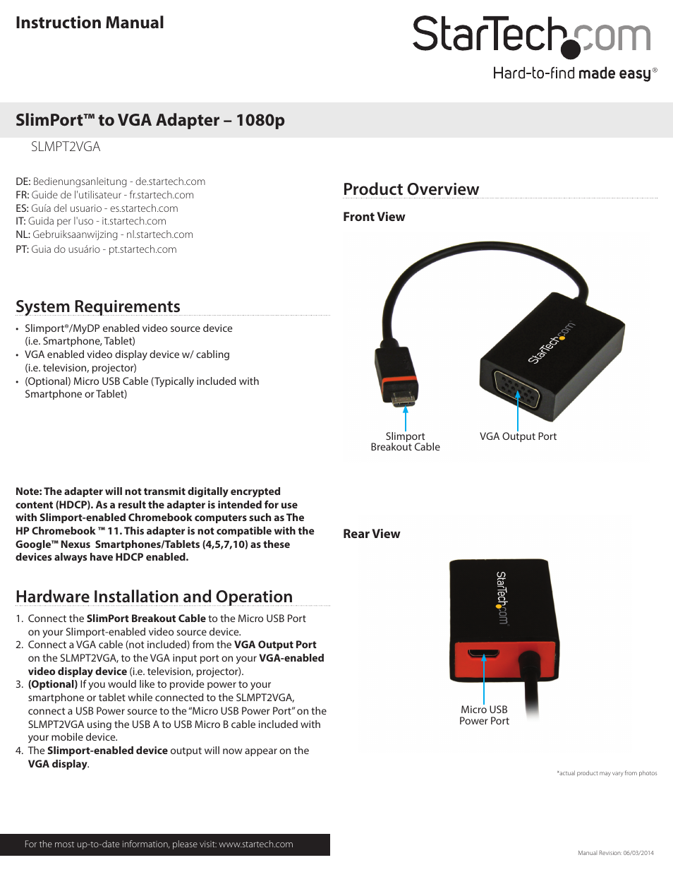 StarTech.com SLMPT2VGA User Manual | 2 pages