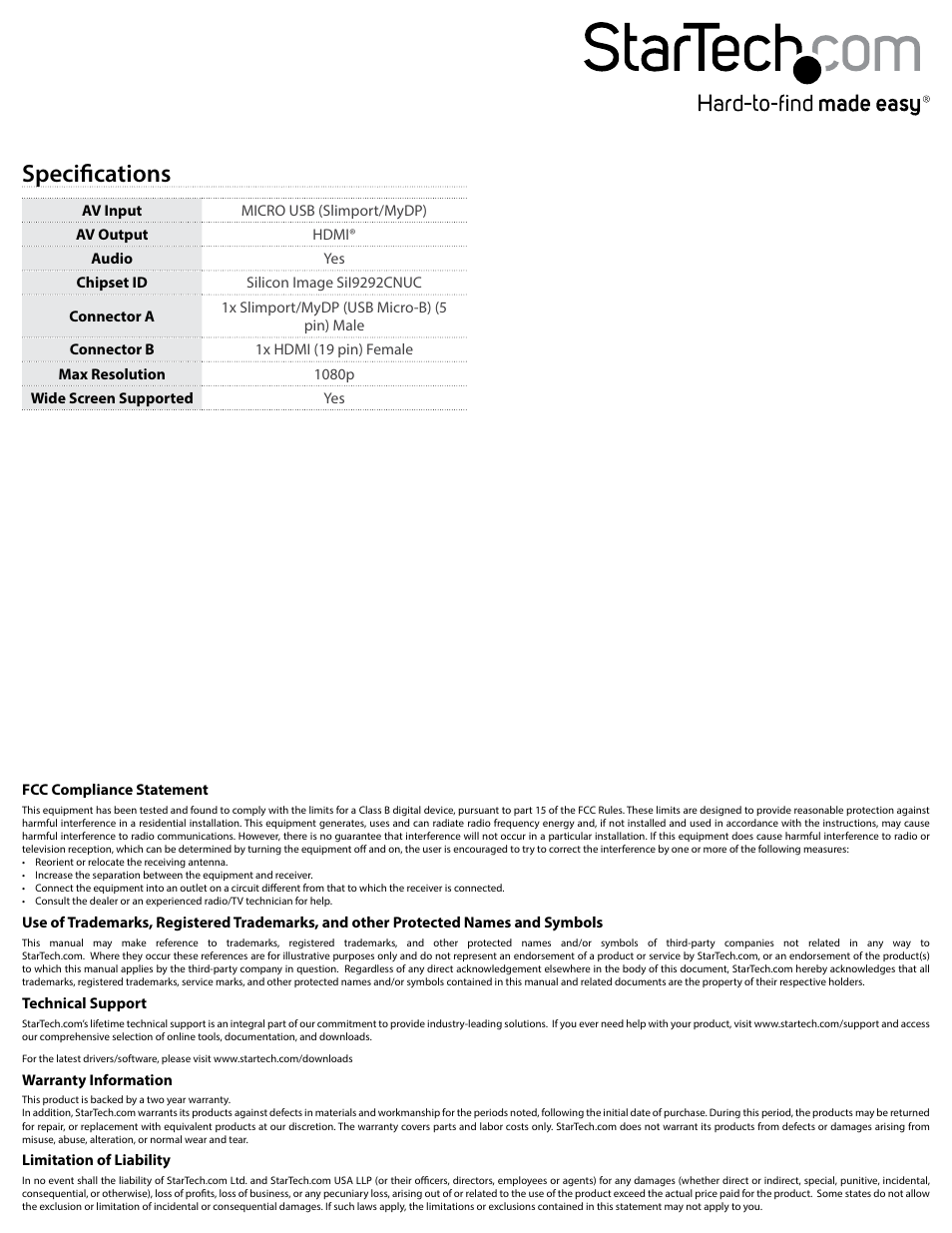 Specifications | StarTech.com SLMPT2HD User Manual | Page 2 / 2