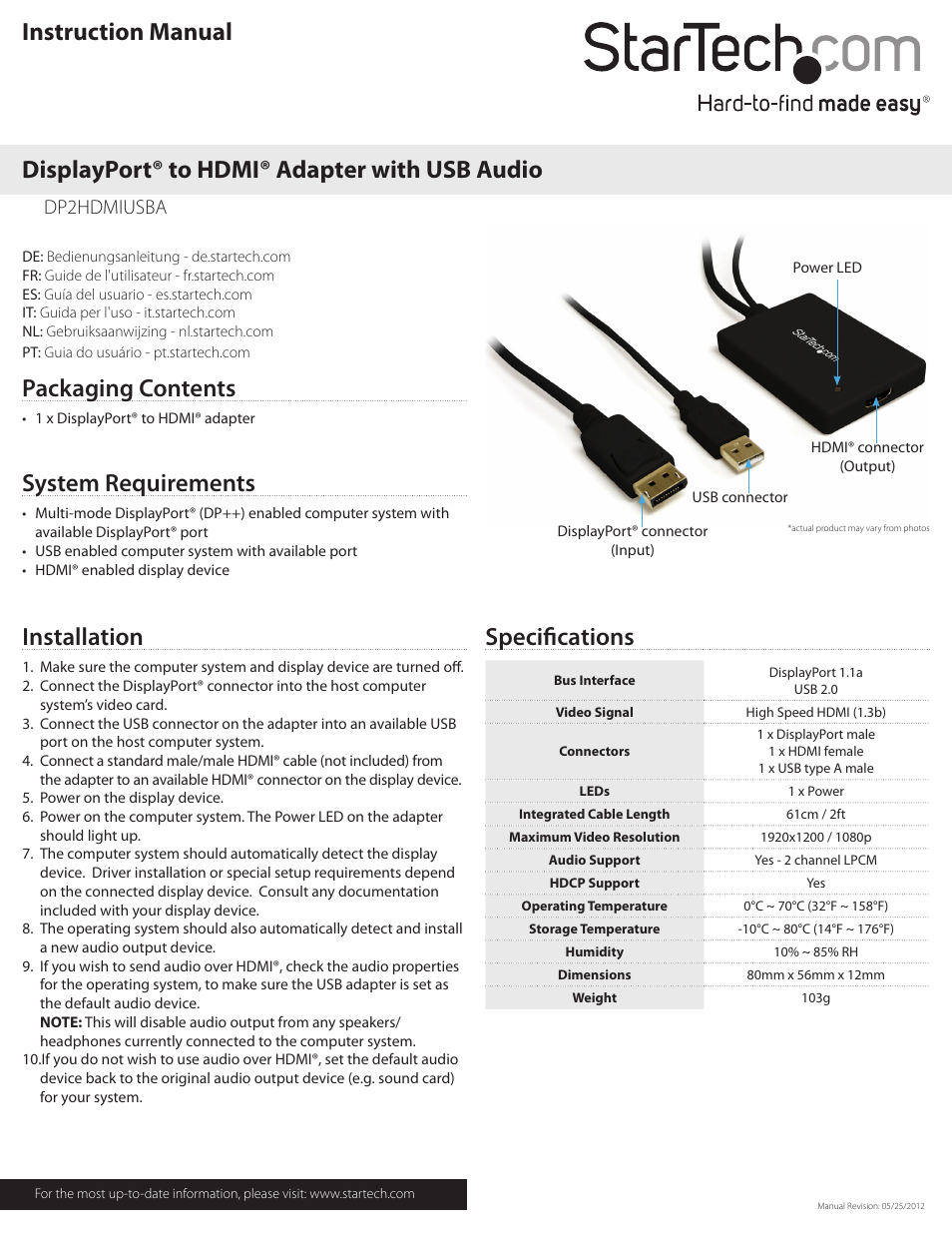 StarTech.com DP2HDMIUSBA User Manual | 2 pages