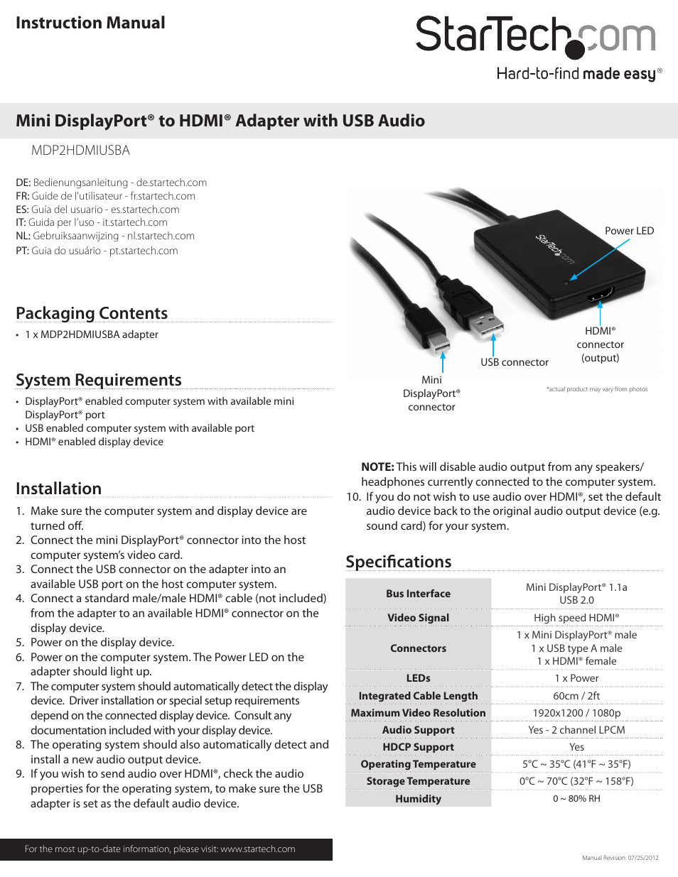 StarTech.com MDP2HDMIUSBA User Manual | 2 pages