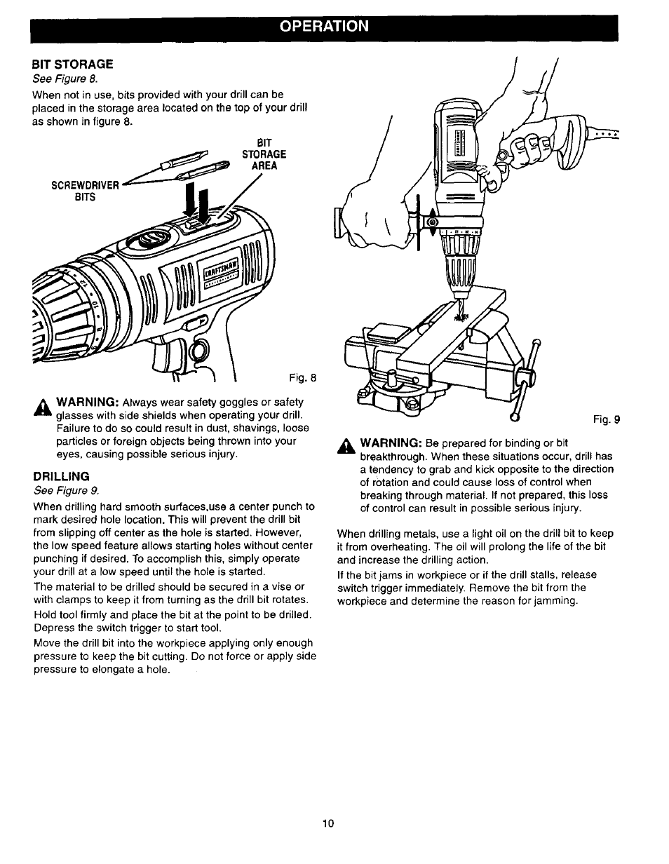Bit storage, Drilling, Operation | Craftsman 315.279940 User Manual | Page 10 / 16
