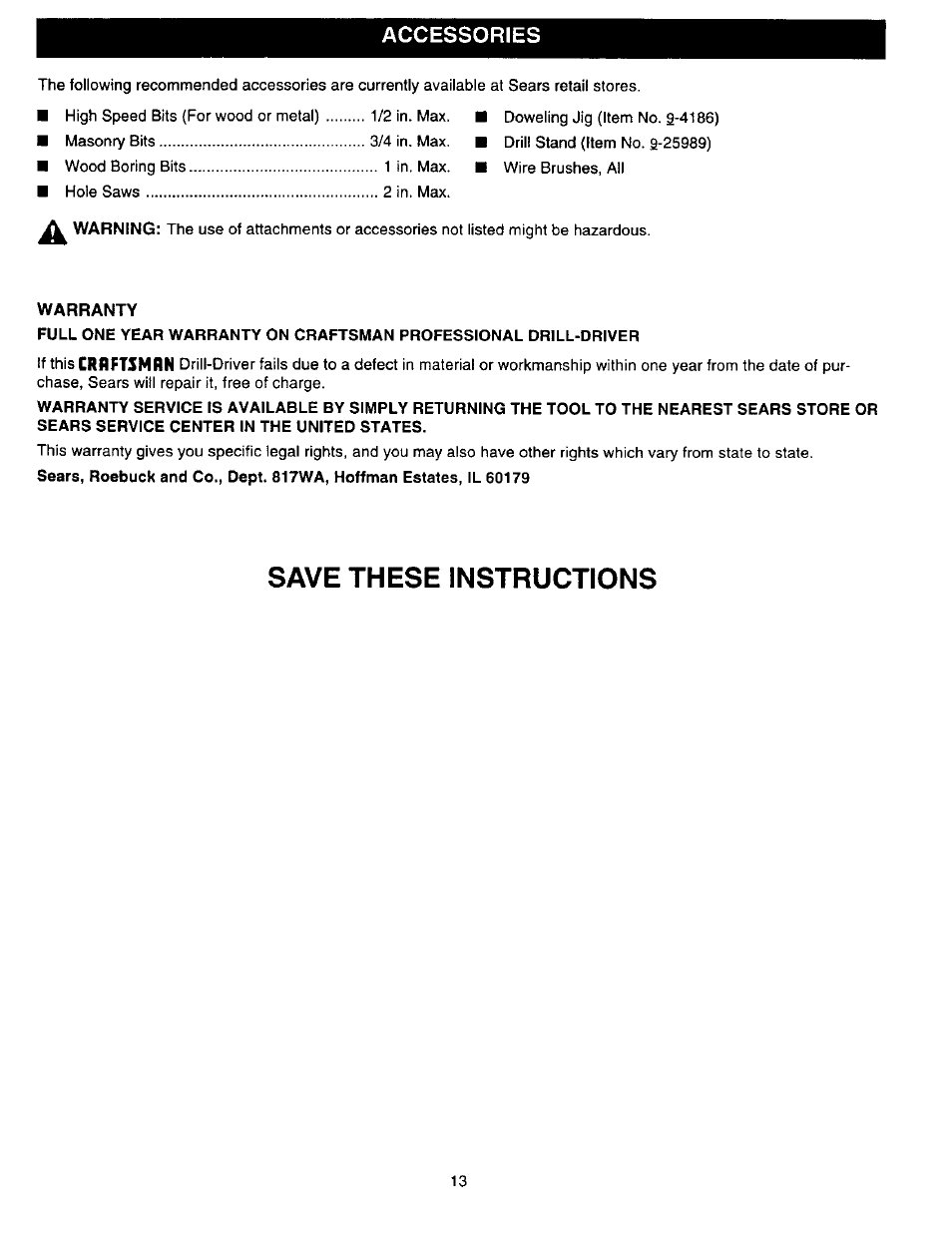 Accessories, Warranty, Craftsman | Save these instructions | Craftsman 315.279940 User Manual | Page 13 / 16