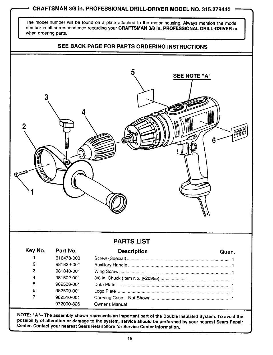 Parts list, Key no. part no. description quan | Craftsman 315.279940 User Manual | Page 15 / 16