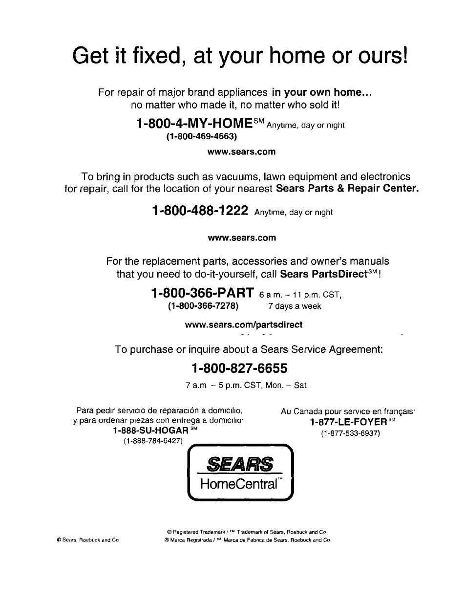 Get it fixed, at your home or ours, Sears | Craftsman 315.279940 User Manual | Page 16 / 16