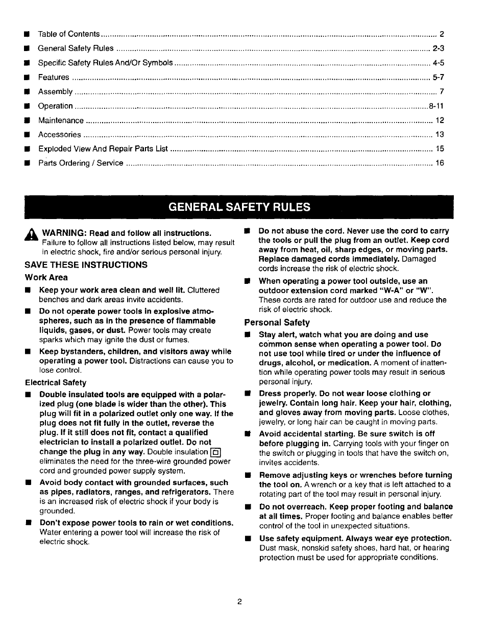 General safety rules, Warning: read and follow all instructions, Save these instructions | Craftsman 315.279940 User Manual | Page 2 / 16