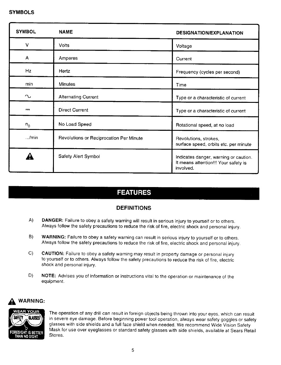 Features, Definitions, Features -7 | Craftsman 315.279940 User Manual | Page 5 / 16