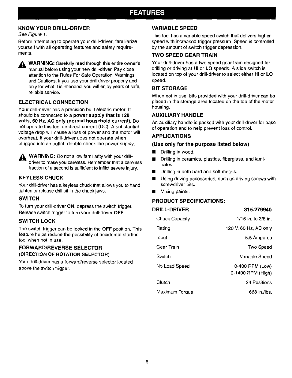 Know your dbill-drtver, Electrical connection, Keyless chuck | Switch, Switch lock, Variable speed, Two speed gear train, Bit storage, Auxiliary handle, Applications | Craftsman 315.279940 User Manual | Page 6 / 16