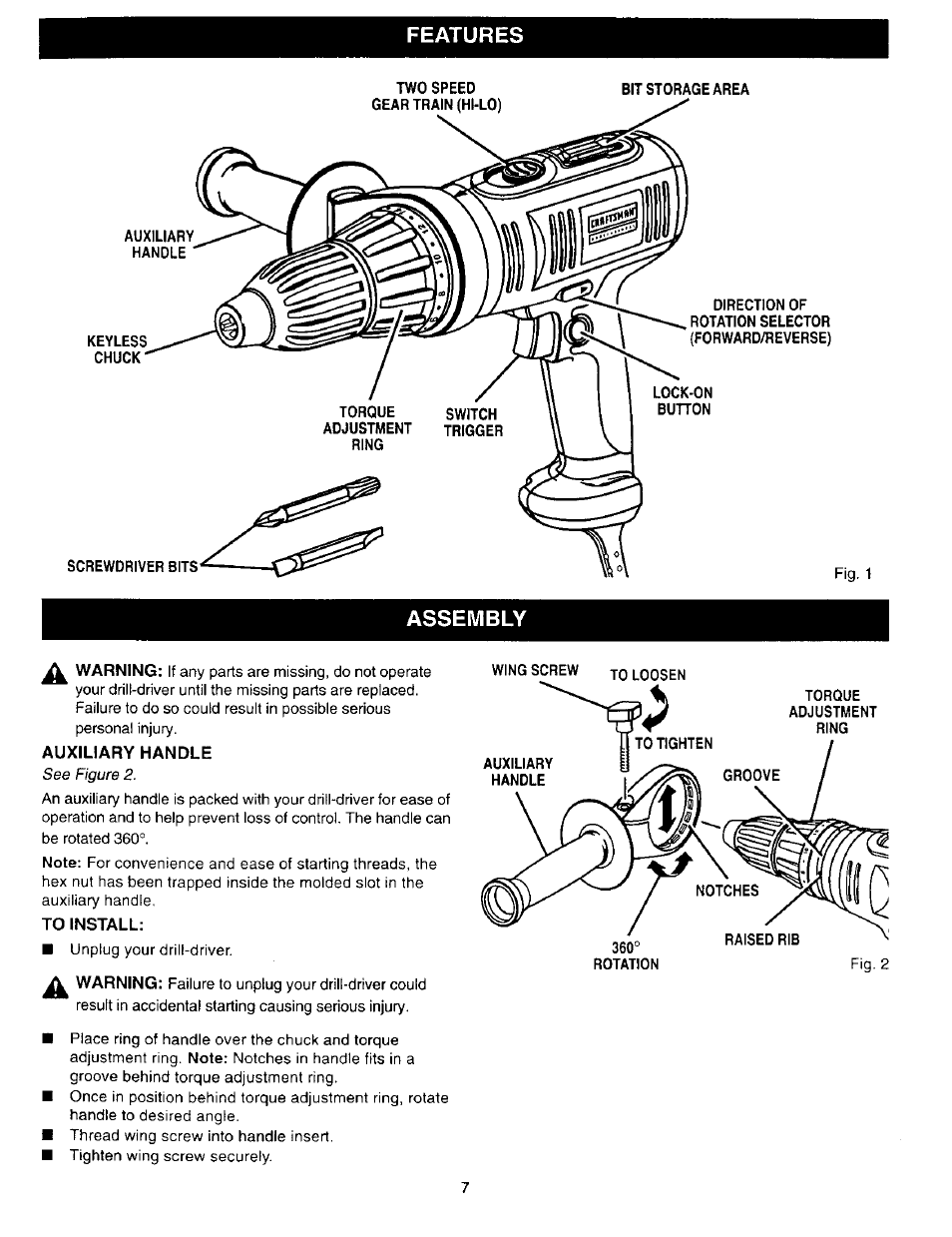 Assembly, Auxiliary handle, Features | See figure 2 | Craftsman 315.279940 User Manual | Page 7 / 16