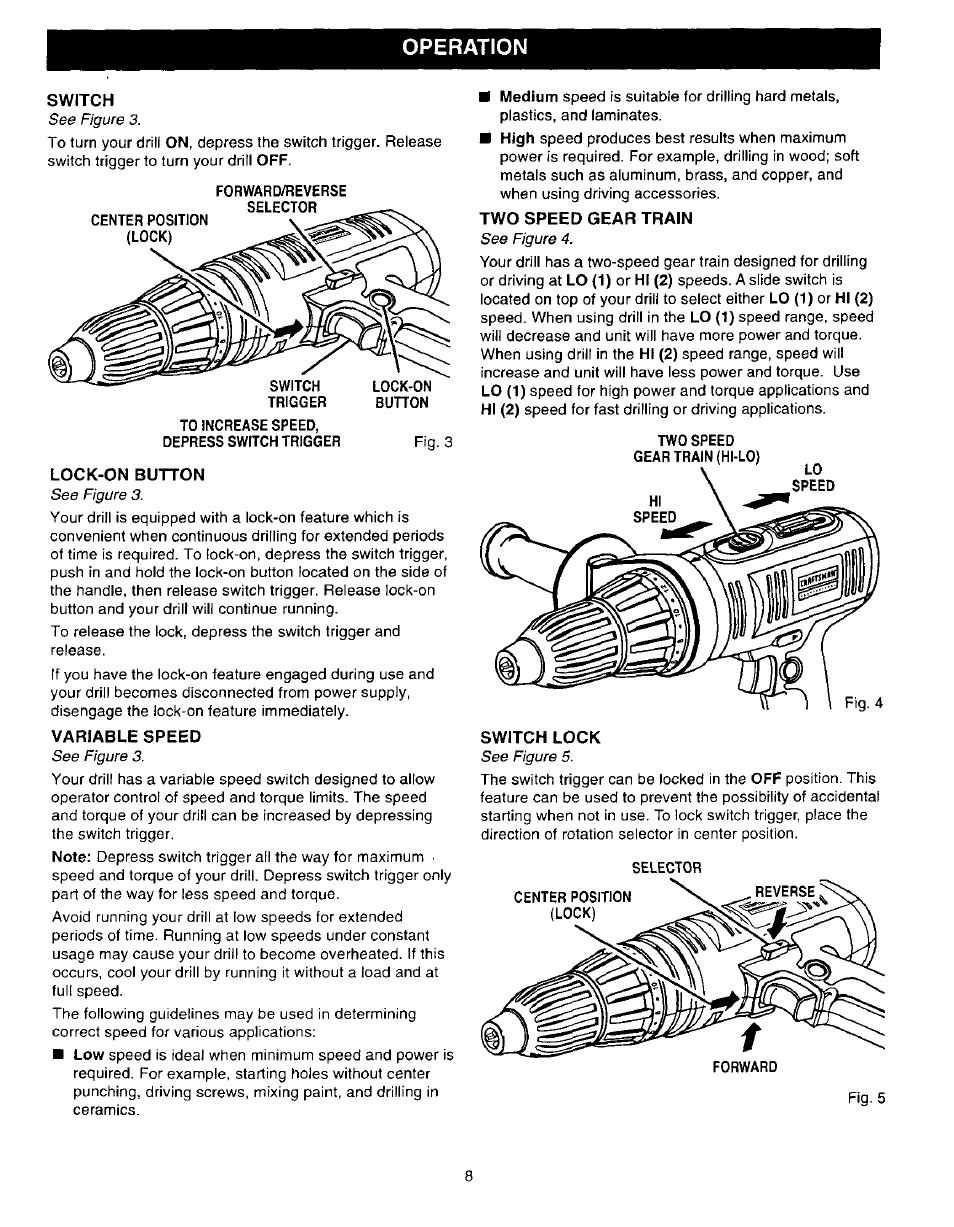 Switch, Lock-on button, Variable speed | Two speed gear train, Switch lock, Operation | Craftsman 315.279940 User Manual | Page 8 / 16