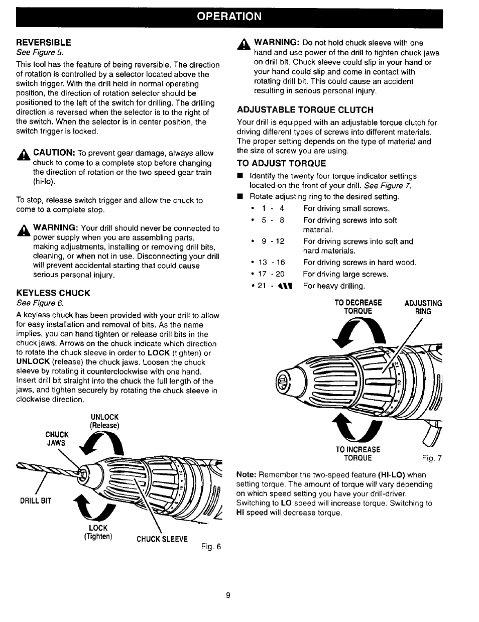 Reversible, Keyless chuck, Adjustable torque clutch | To adjust torque, Operation, Figure 5, See figure 6, Figure | Craftsman 315.279940 User Manual | Page 9 / 16
