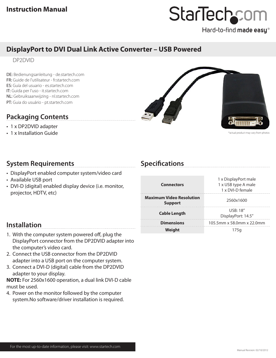 StarTech.com DP2DVID User Manual | 2 pages