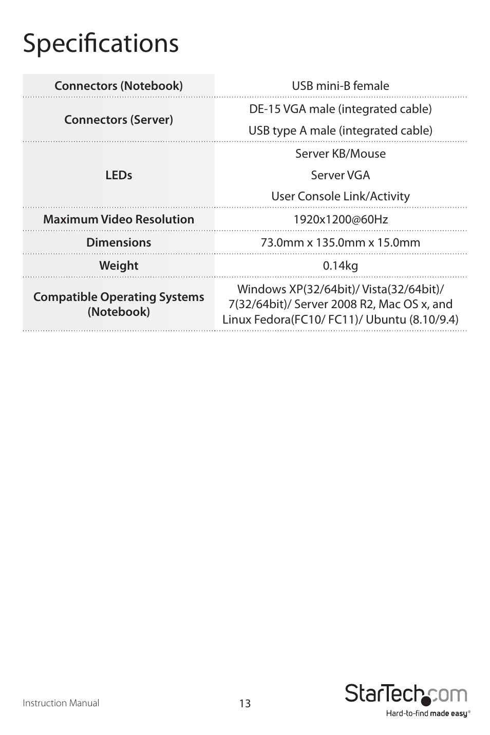 Specifications | StarTech.com NOTECONS01 User Manual | Page 16 / 18