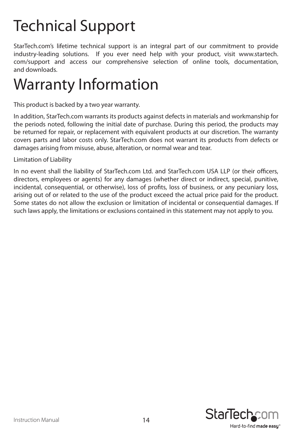 Technical support, Warranty information | StarTech.com NOTECONS01 User Manual | Page 17 / 18