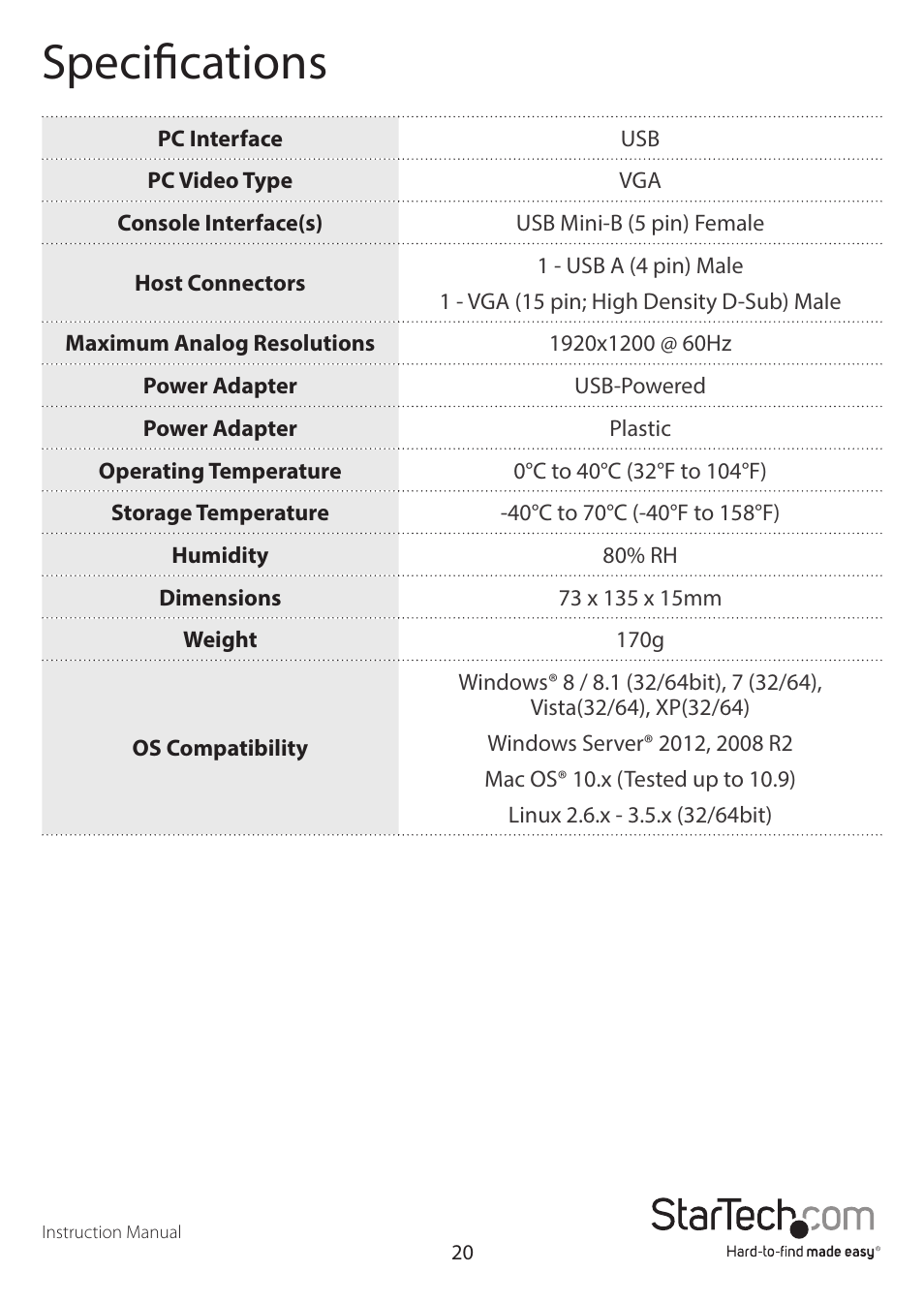 Specifications | StarTech.com NOTECONS02 Manual User Manual | Page 23 / 25
