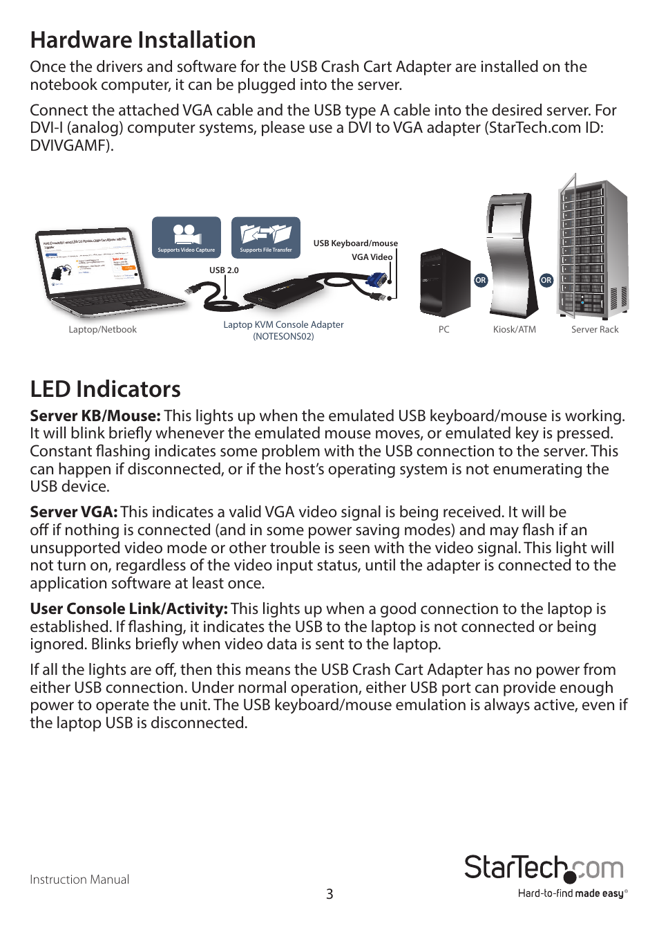 Hardware installation, Led indicators | StarTech.com NOTECONS02 Manual User Manual | Page 6 / 25