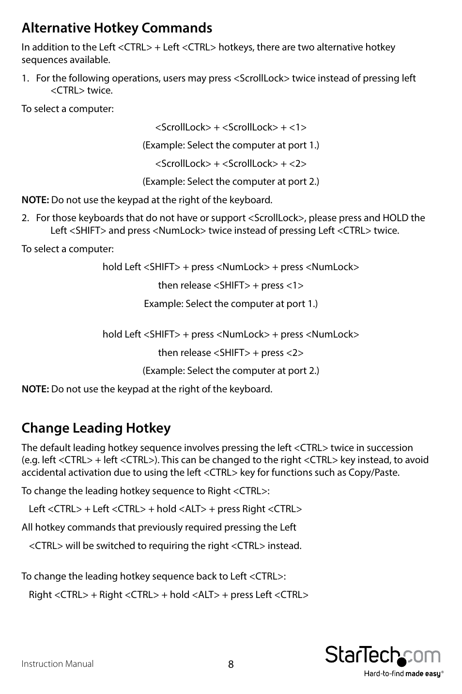 Alternative hotkey commands, Change leading hotkey | StarTech.com SV431DD2DUA User Manual | Page 11 / 14