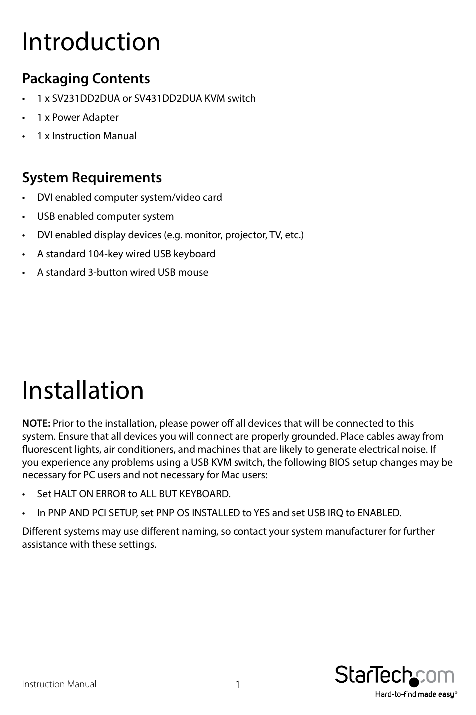 Introduction, Installation | StarTech.com SV431DD2DUA User Manual | Page 4 / 14