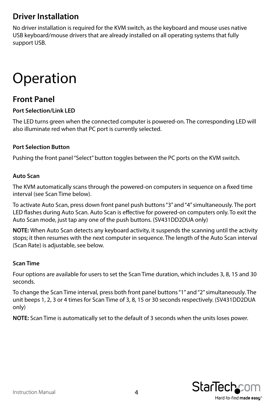 Operation, Driver installation, Front panel | StarTech.com SV431DD2DUA User Manual | Page 7 / 14