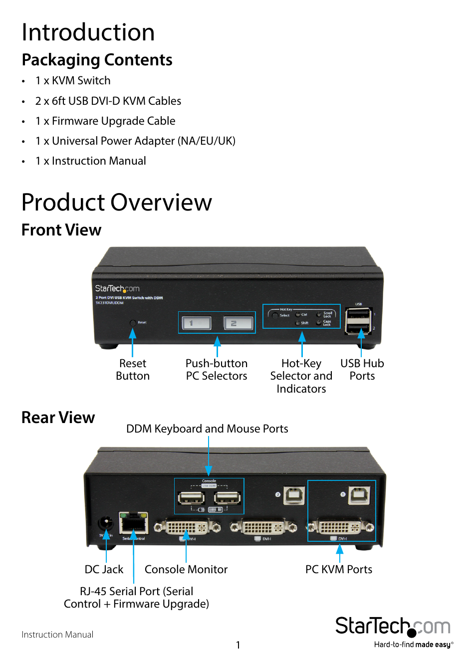 Introduction, Packaging contents, Product overview | Front view, Rear view, Front view rear view | StarTech.com SV231DVIUDDM User Manual | Page 4 / 10