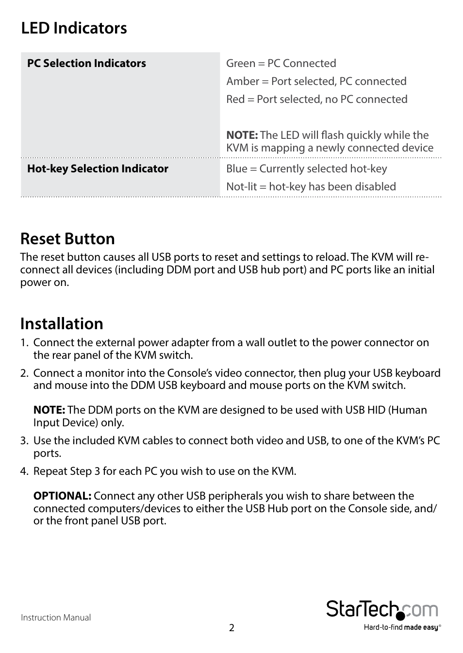 Led indicators, Reset button, Installation | Led indicators reset button installation | StarTech.com SV231DVIUDDM User Manual | Page 5 / 10