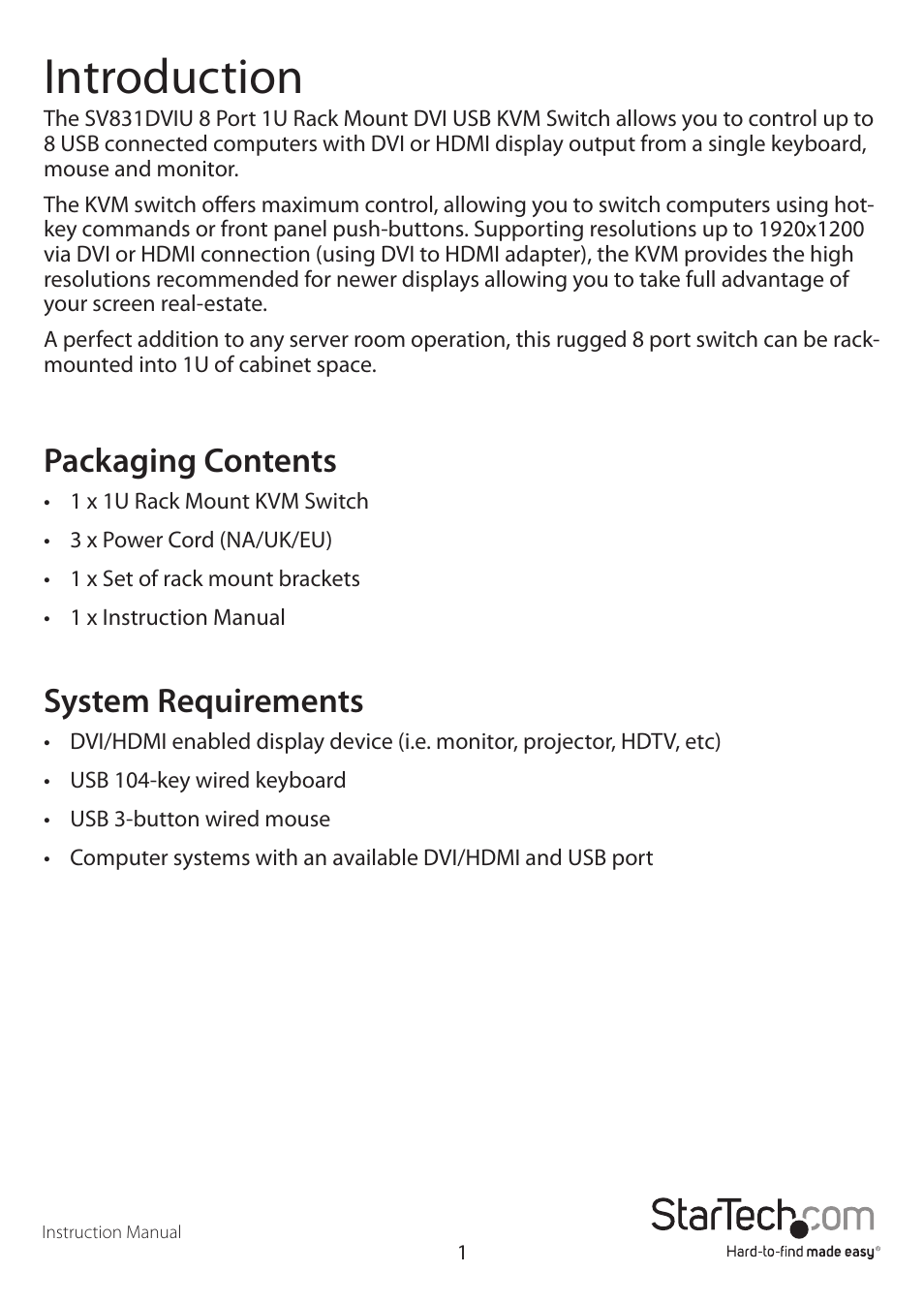 Introduction, Packaging contents, System requirements | StarTech.com SV831DVIU User Manual | Page 4 / 13