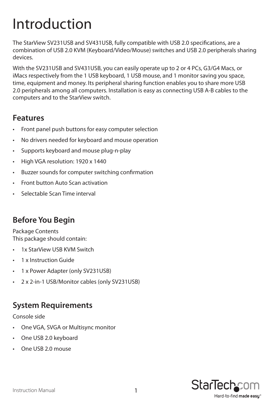 Introduction, Features, Before you begin | System requirements | StarTech.com SV431USB User Manual | Page 4 / 13