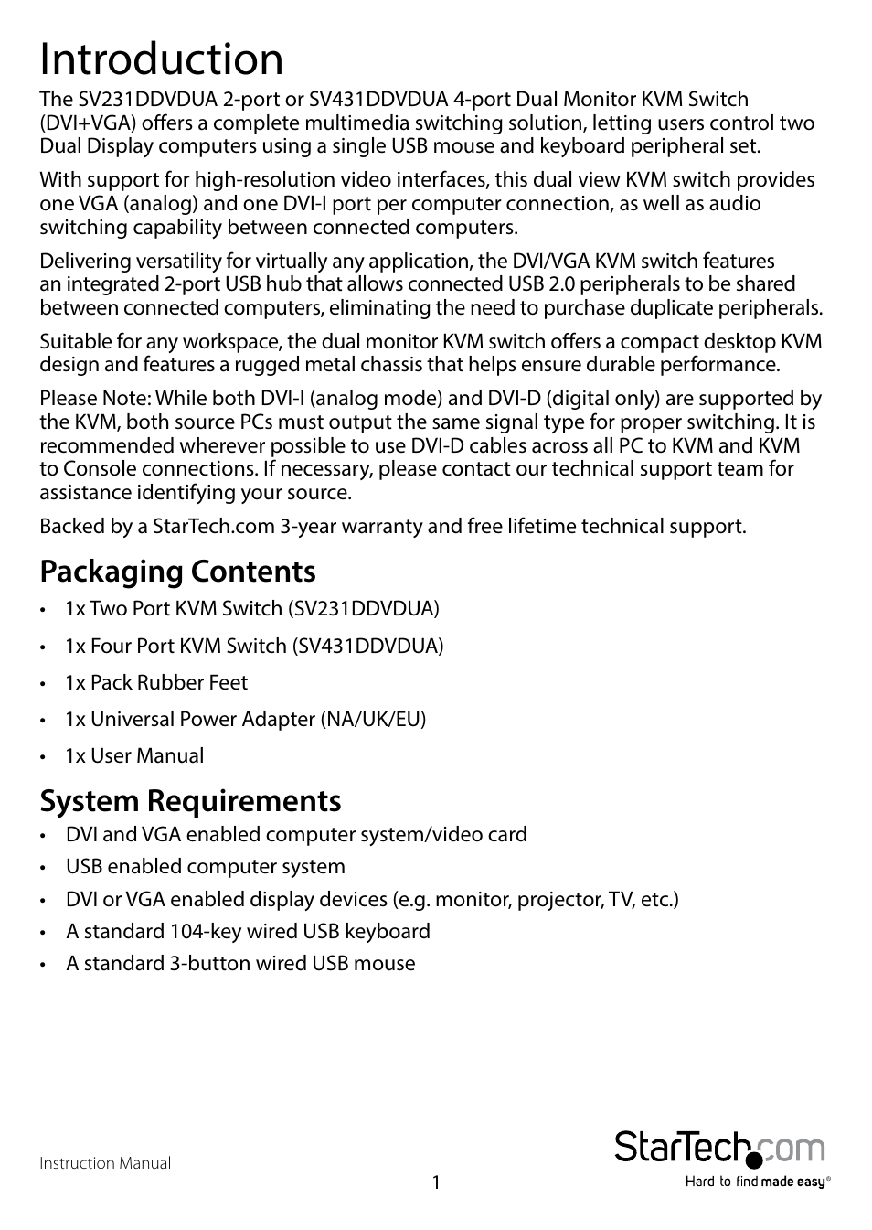 Introduction, Packaging contents, System requirements | Packaging contents system requirements | StarTech.com SV431DDVDUA User Manual | Page 5 / 16