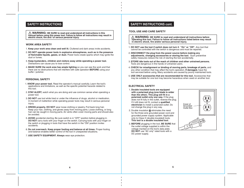 17021 4-5.ai, Safety instructions, Safety instructions cont | Craftsman 7-IN. BUFFER / POLISHER 172.10721 User Manual | Page 3 / 10
