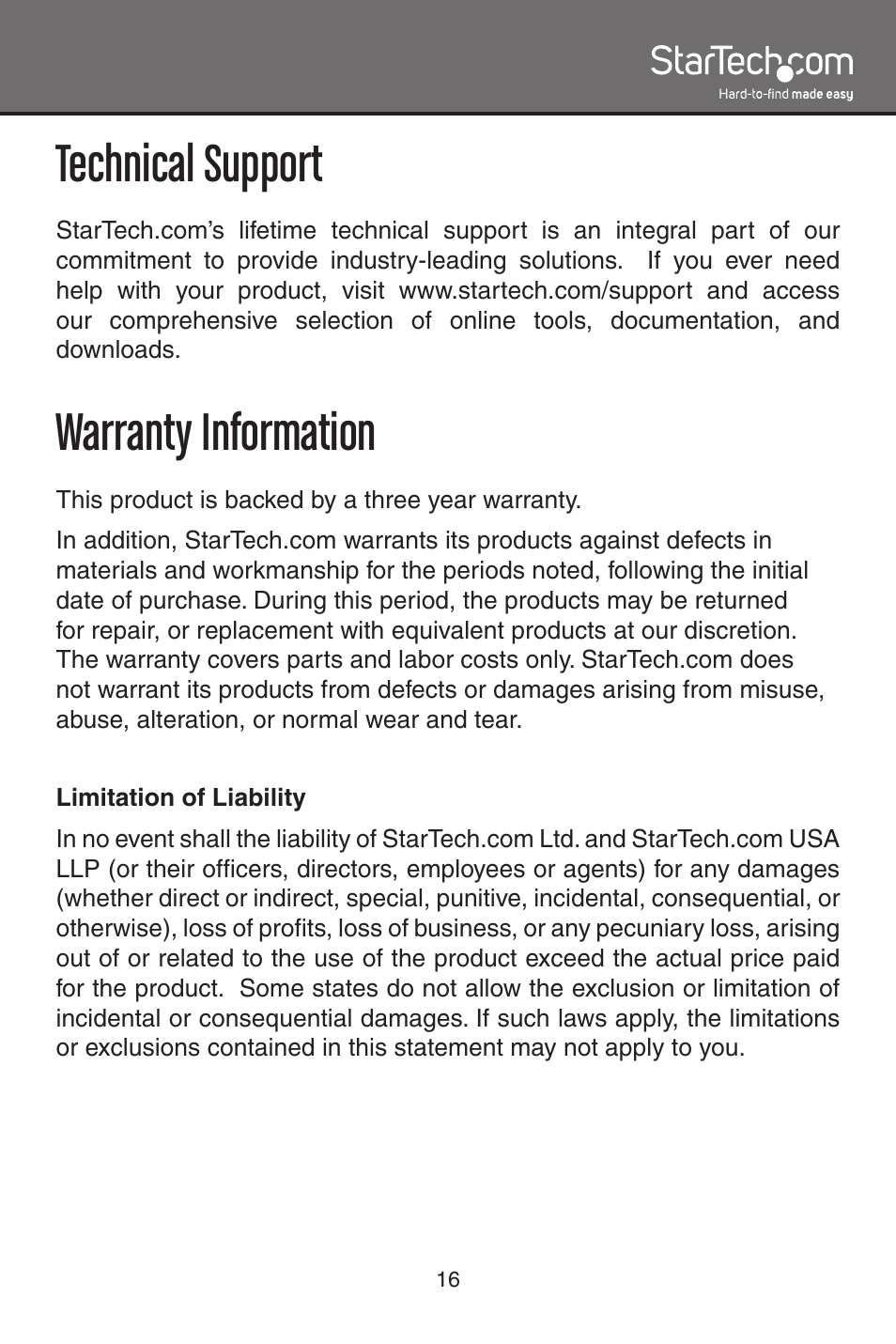 Technical support, Warranty information | StarTech.com SV1631DUSBU User Manual | Page 19 / 20