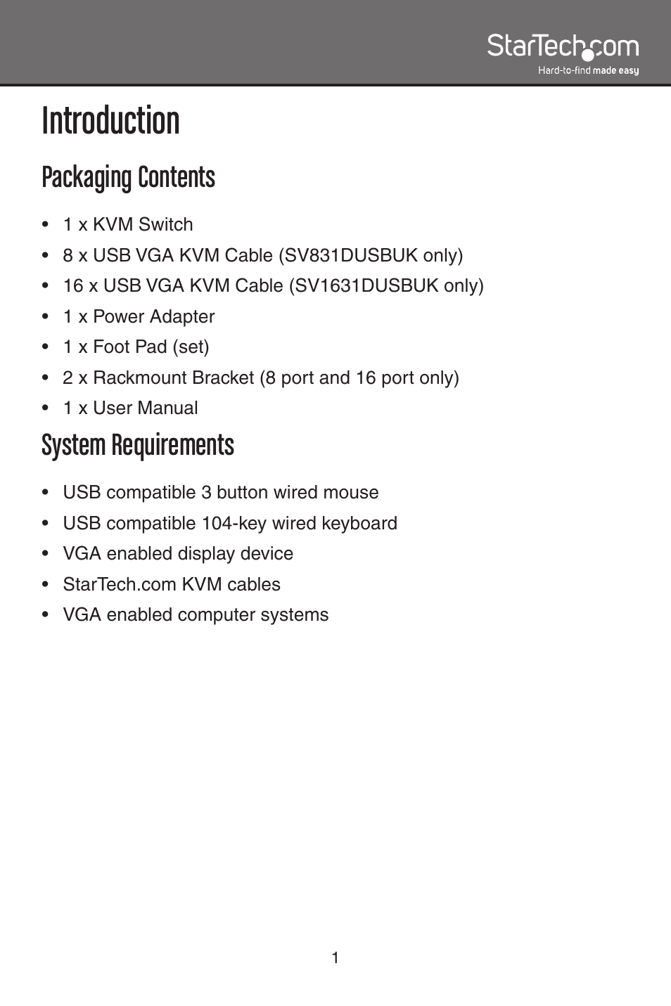 Introduction, Packaging contents, System requirements | StarTech.com SV1631DUSBU User Manual | Page 4 / 20
