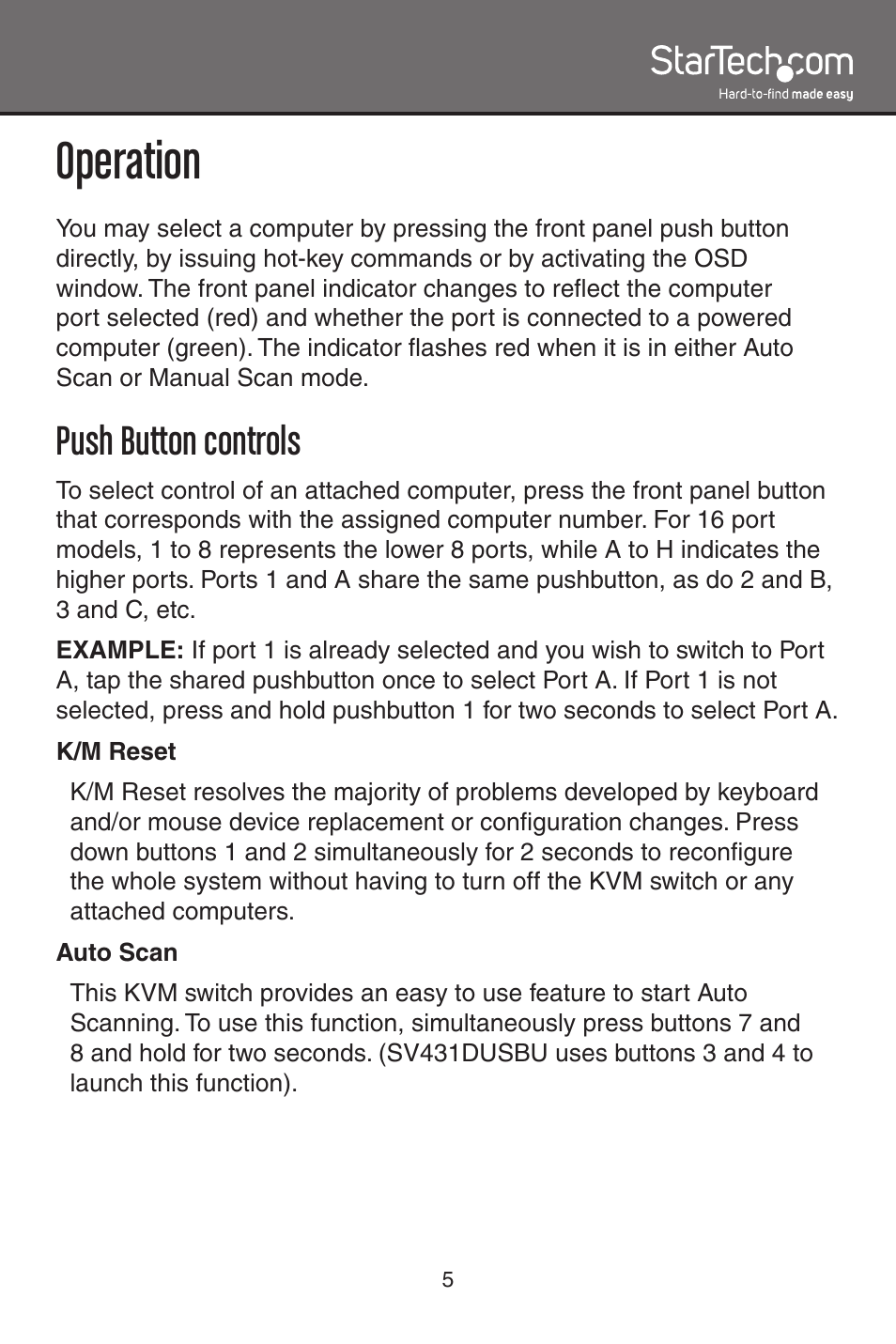 Operation, Push button controls | StarTech.com SV1631DUSBU User Manual | Page 8 / 20