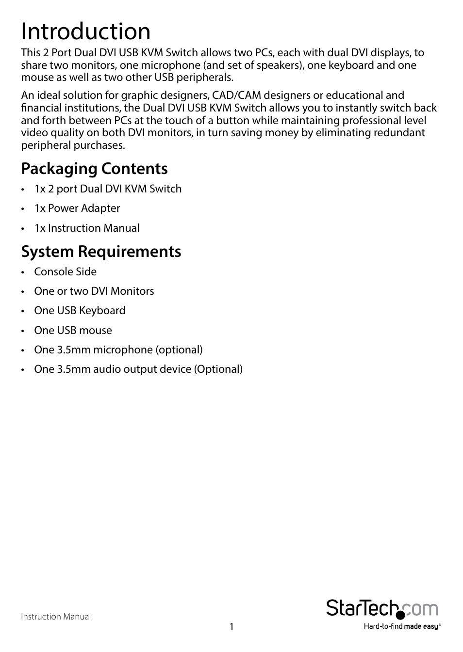 Introduction, Packaging contents, System requirements | Packaging contents system requirements | StarTech.com SV431DVIDDU Manual User Manual | Page 5 / 15