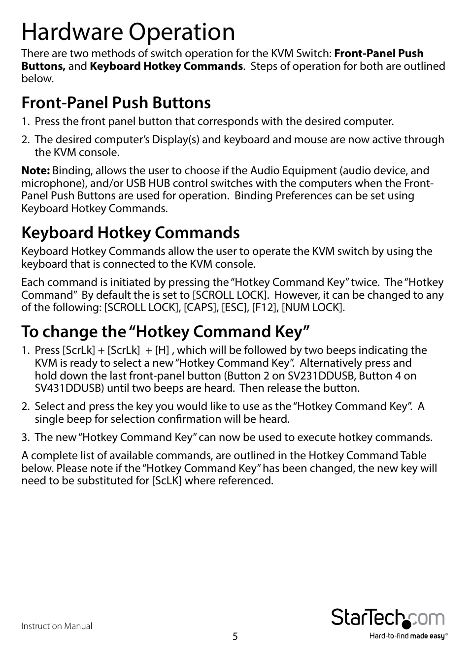 Hardware operation, Front-panel push buttons, Keyboard hotkey commands | To change the “hotkey command key | StarTech.com SV431DVIDDU Manual User Manual | Page 9 / 15