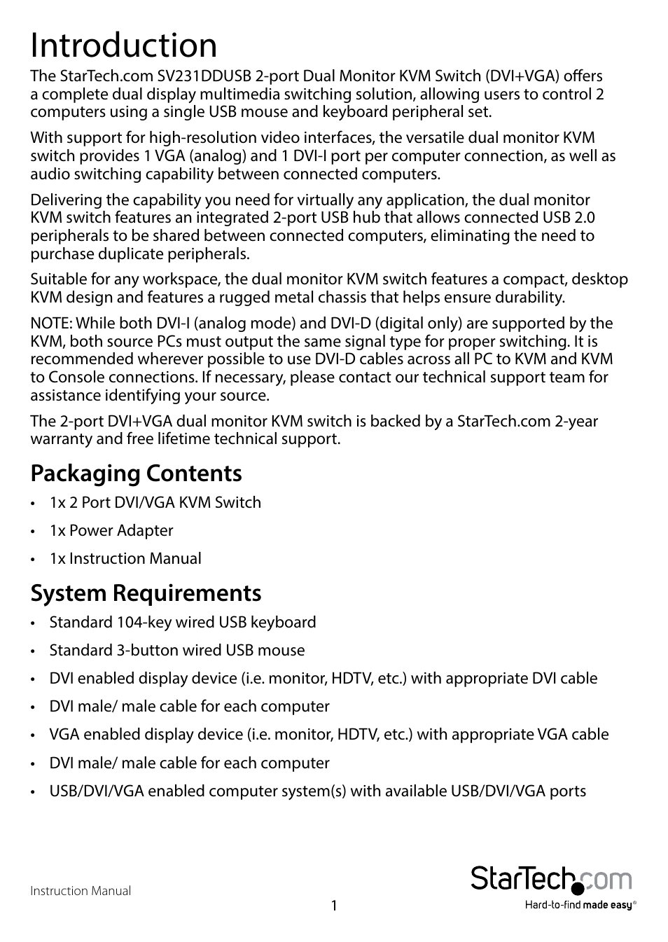 Introduction, Packaging contents, System requirements | Packaging contents system requirements | StarTech.com SV431DDUSB Manual User Manual | Page 4 / 12