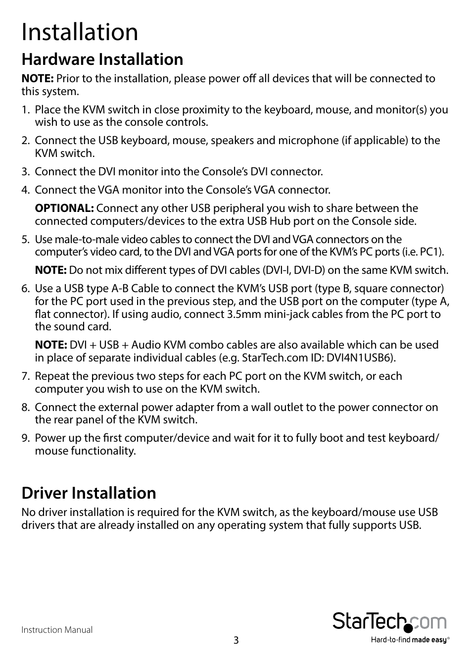 Installation, Hardware installation, Driver installation | Hardware installation driver installation | StarTech.com SV431DDUSB Manual User Manual | Page 6 / 12