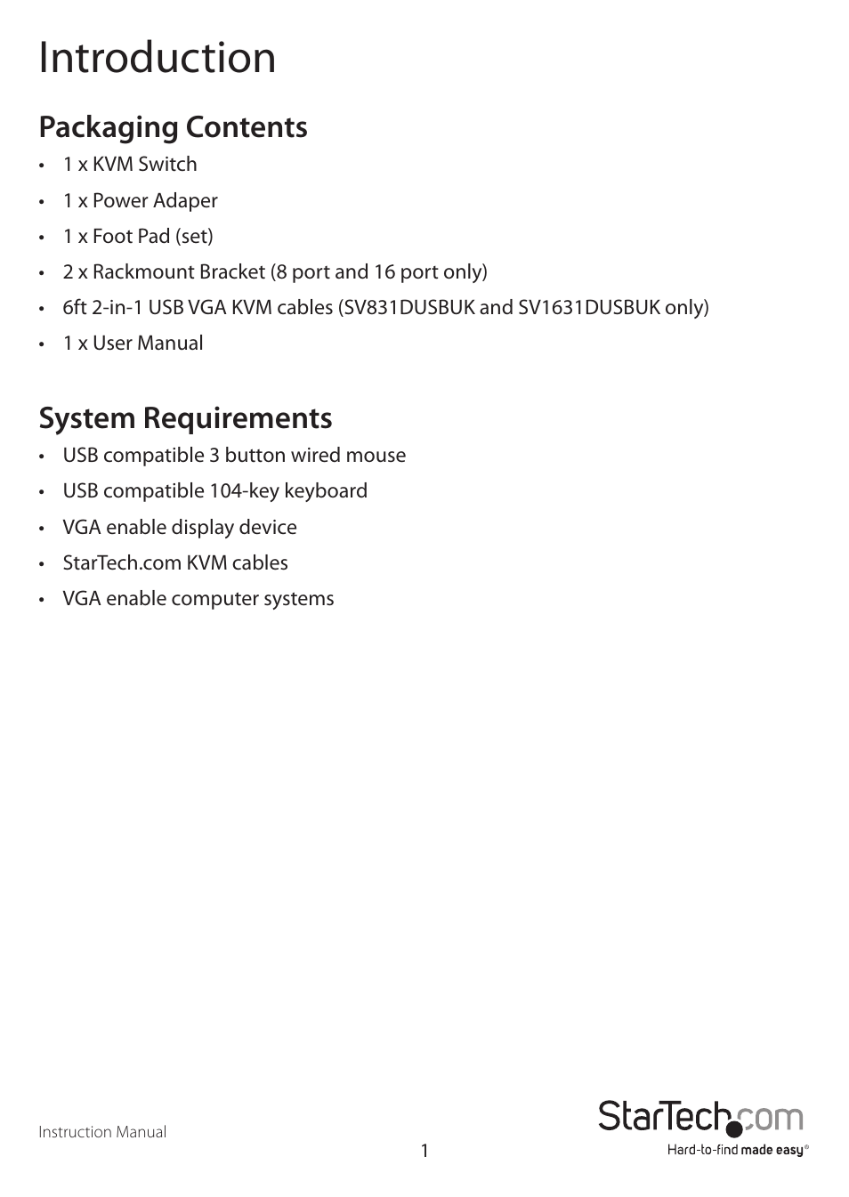 Introduction, Packaging contents, System requirements | StarTech.com SV1631DUSBUK User Manual | Page 4 / 17