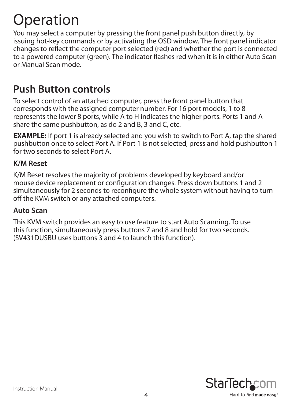 Operation, Push button controls | StarTech.com SV1631DUSBUK User Manual | Page 7 / 17