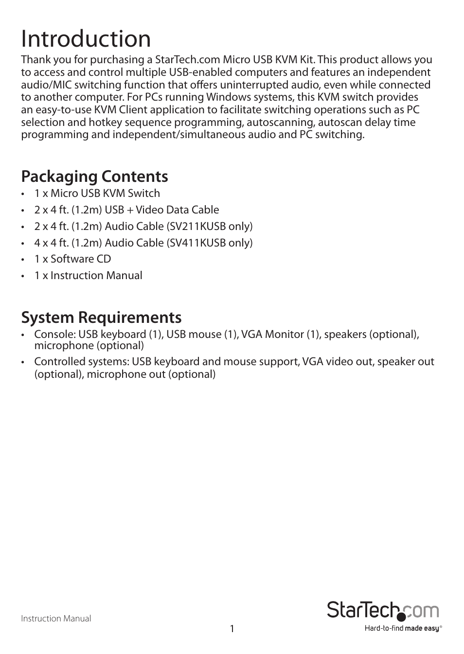 Introduction, Packaging contents, System requirements | StarTech.com SVx11KUSB User Manual | Page 4 / 10