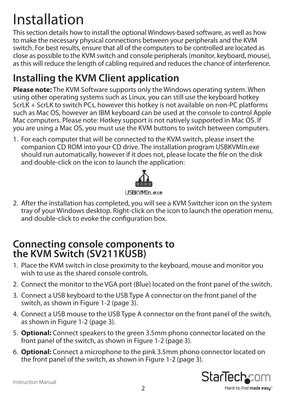 Installation, Installing the kvm client application | StarTech.com SVx11KUSB User Manual | Page 5 / 10