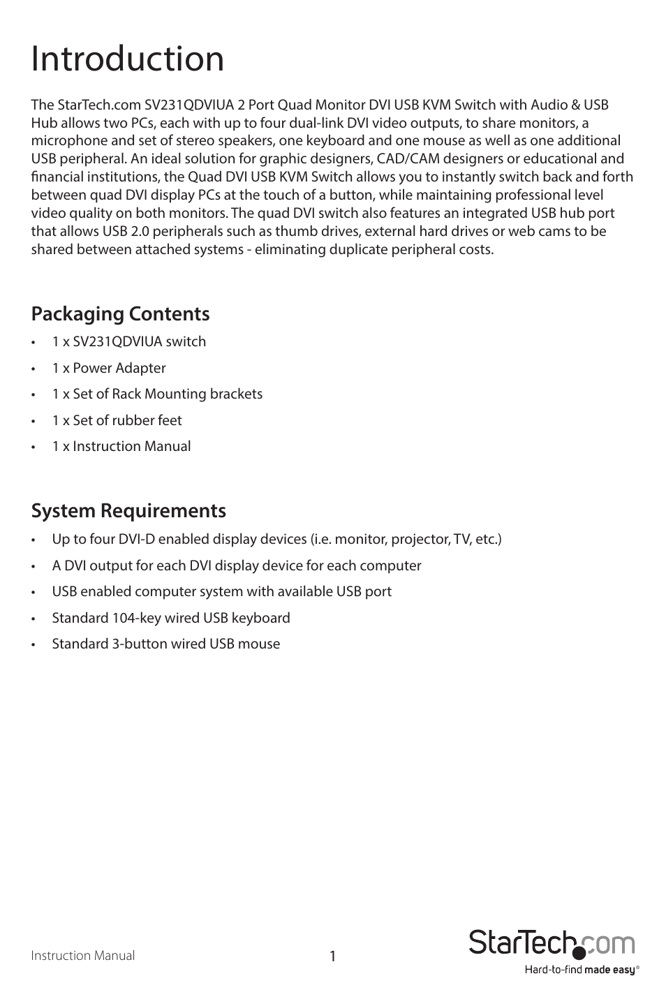 Introduction, Packaging contents, System requirements | StarTech.com SV231QDVIUA User Manual | Page 4 / 14