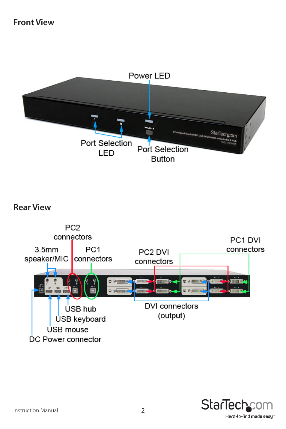 Front view rear view | StarTech.com SV231QDVIUA User Manual | Page 5 / 14