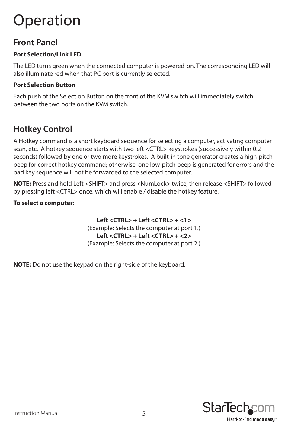 Operation, Front panel, Hotkey control | StarTech.com SV231QDVIUA User Manual | Page 8 / 14
