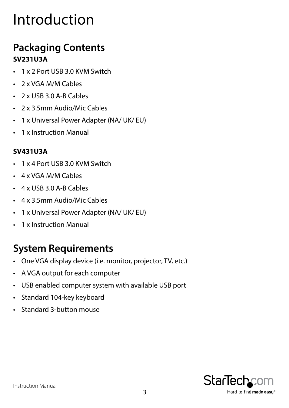 Introduction, Packaging contents, System requirements | Packaging contents system requirements | StarTech.com SV431U3A User Manual | Page 6 / 13