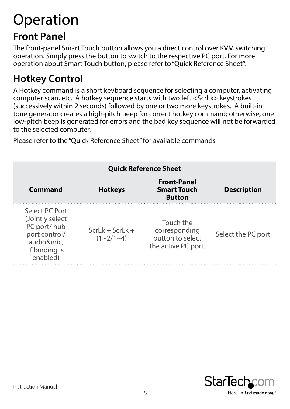 Operation, Front panel, Hotkey control | Front panel hotkey control | StarTech.com SV431U3A User Manual | Page 8 / 13