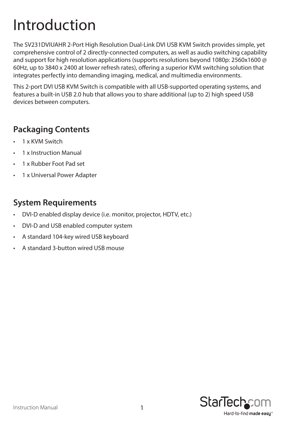 Introduction, Packaging contents, System requirements | StarTech.com SV231DVIUAHR User Manual | Page 4 / 13