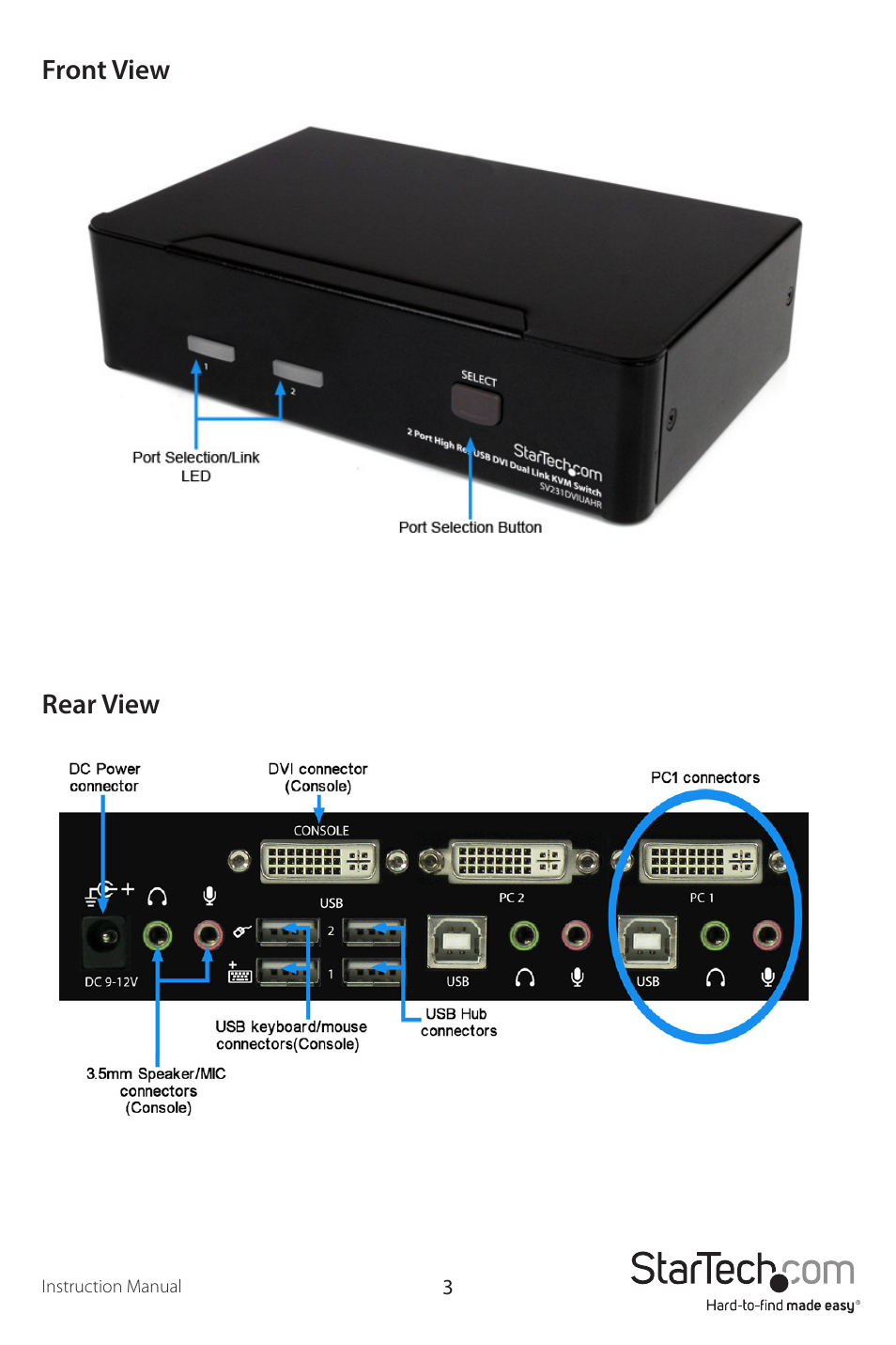 Front view rear view | StarTech.com SV231DVIUAHR User Manual | Page 6 / 13