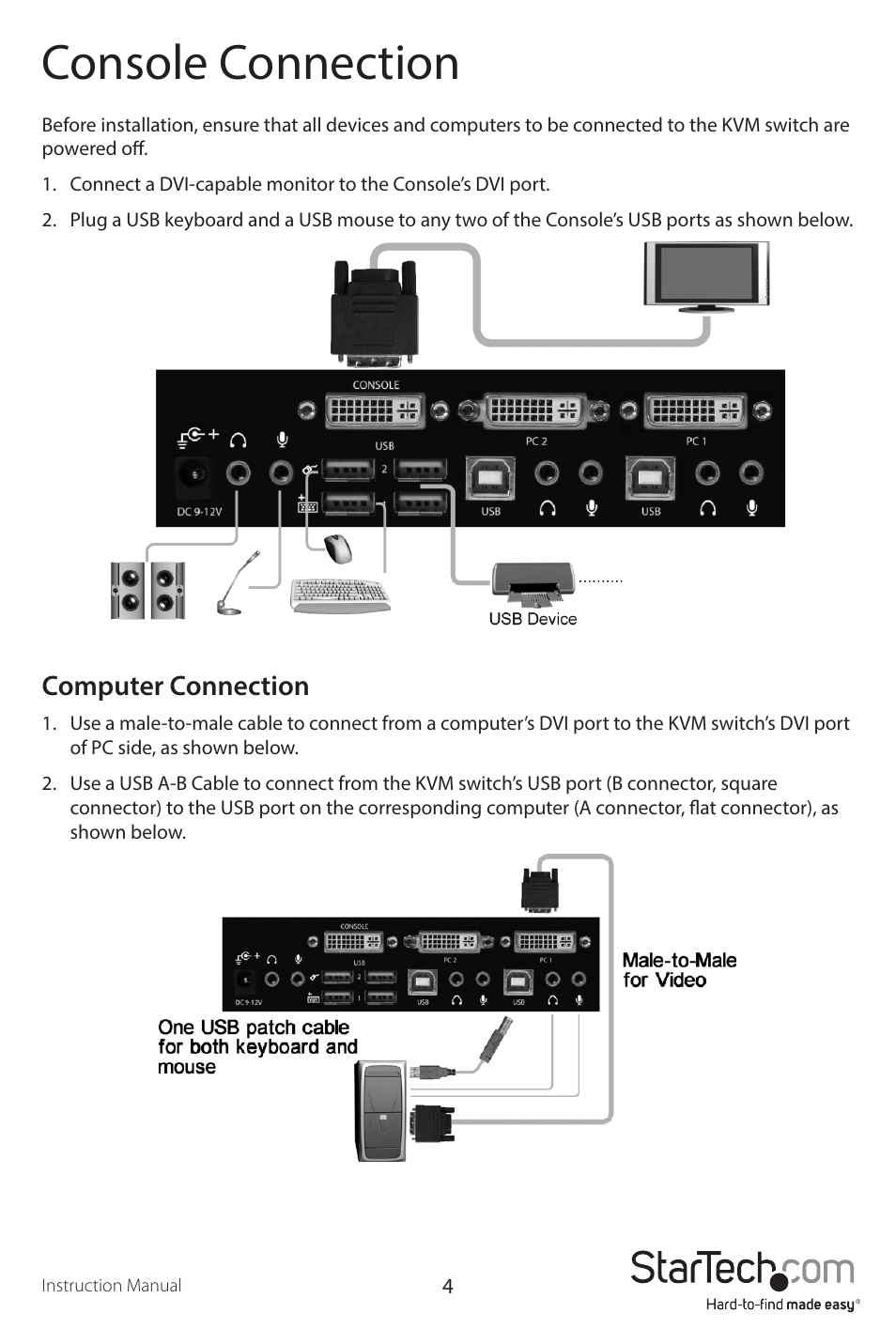 Console connection, Computer connection | StarTech.com SV231DVIUAHR User Manual | Page 7 / 13