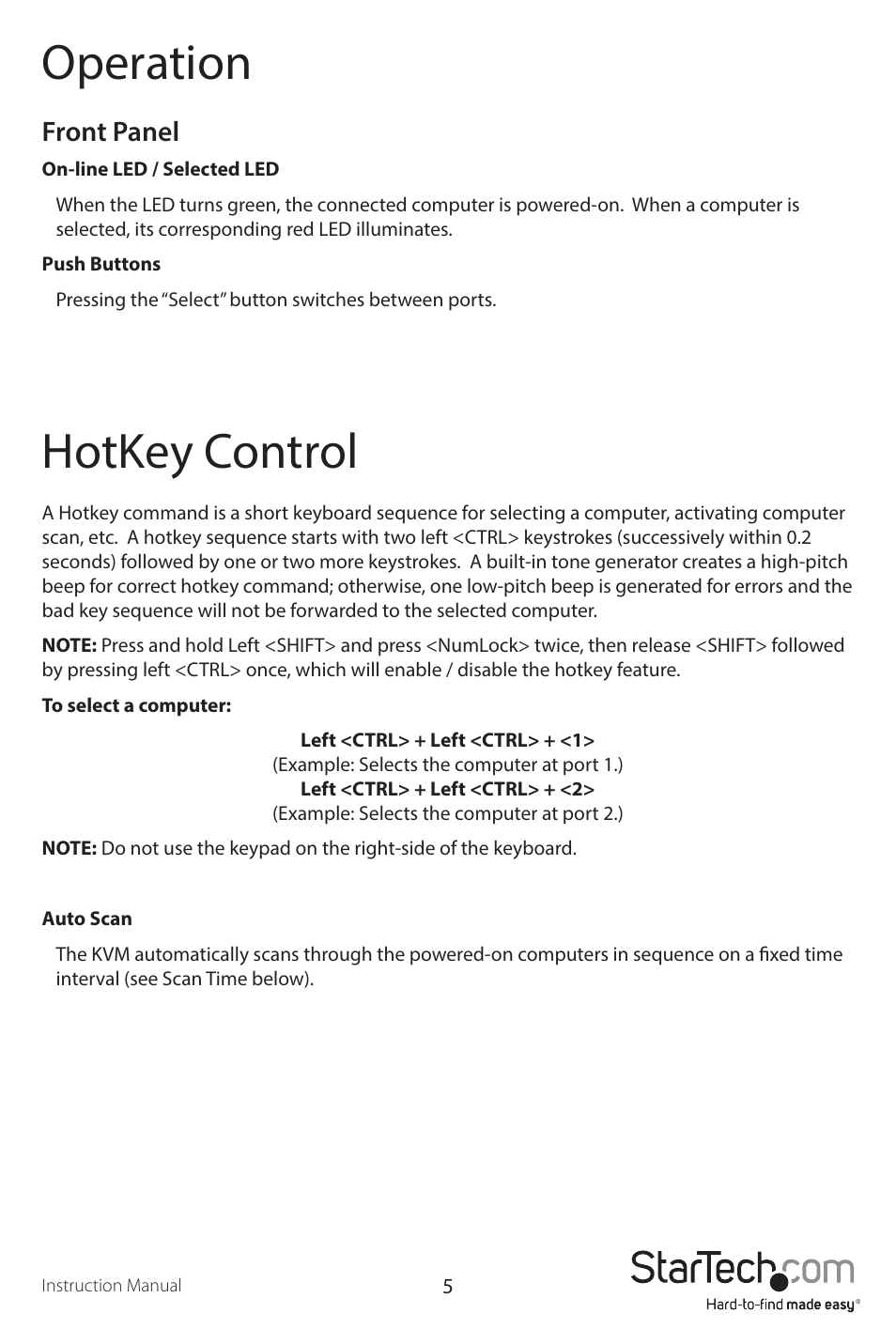 Operation, Hotkey control, Front panel | StarTech.com SV231DVIUAHR User Manual | Page 8 / 13