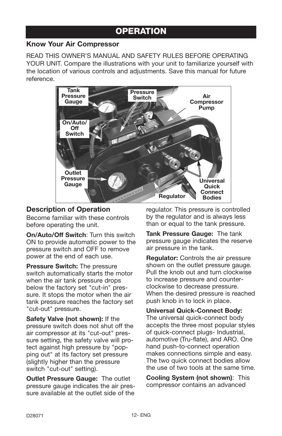 Operation, Description of operation, Know your air compressor | Craftsman 919.167461 User Manual | Page 12 / 44